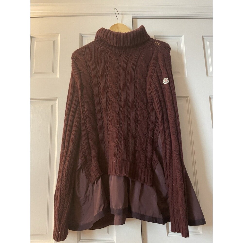 Moncler Womens Cable Knit Hybrid Turtleneck Sweater Burgundy Maroon Wool Poly XL